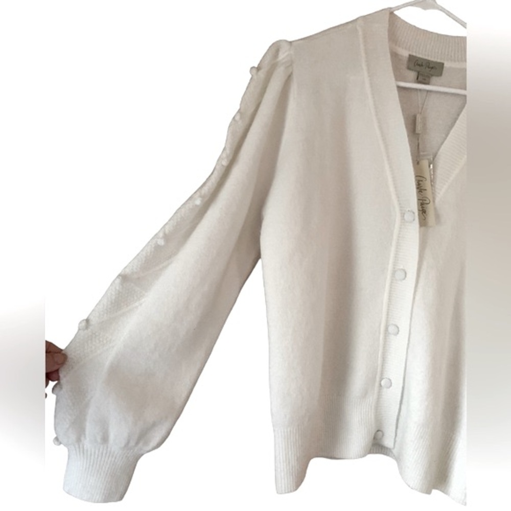 Charlie Paige Ivory Puff Sleeve Button V-Neck Cardigan Sweater Women Size Large